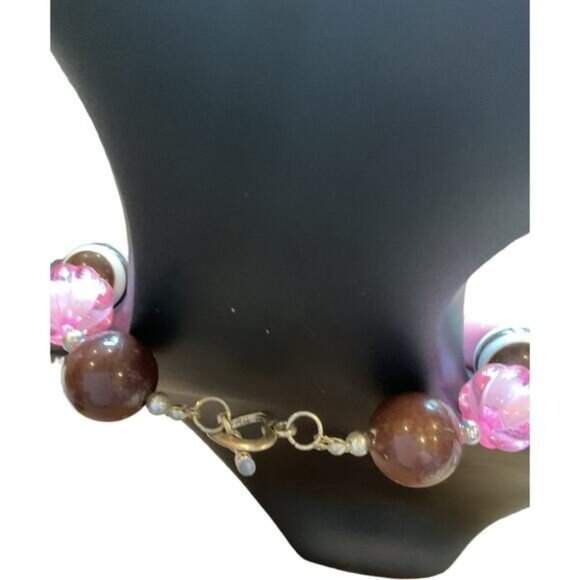 Chunky Beaded Pink & Brown Necklace With Football Pendant - Picture 4 of 5